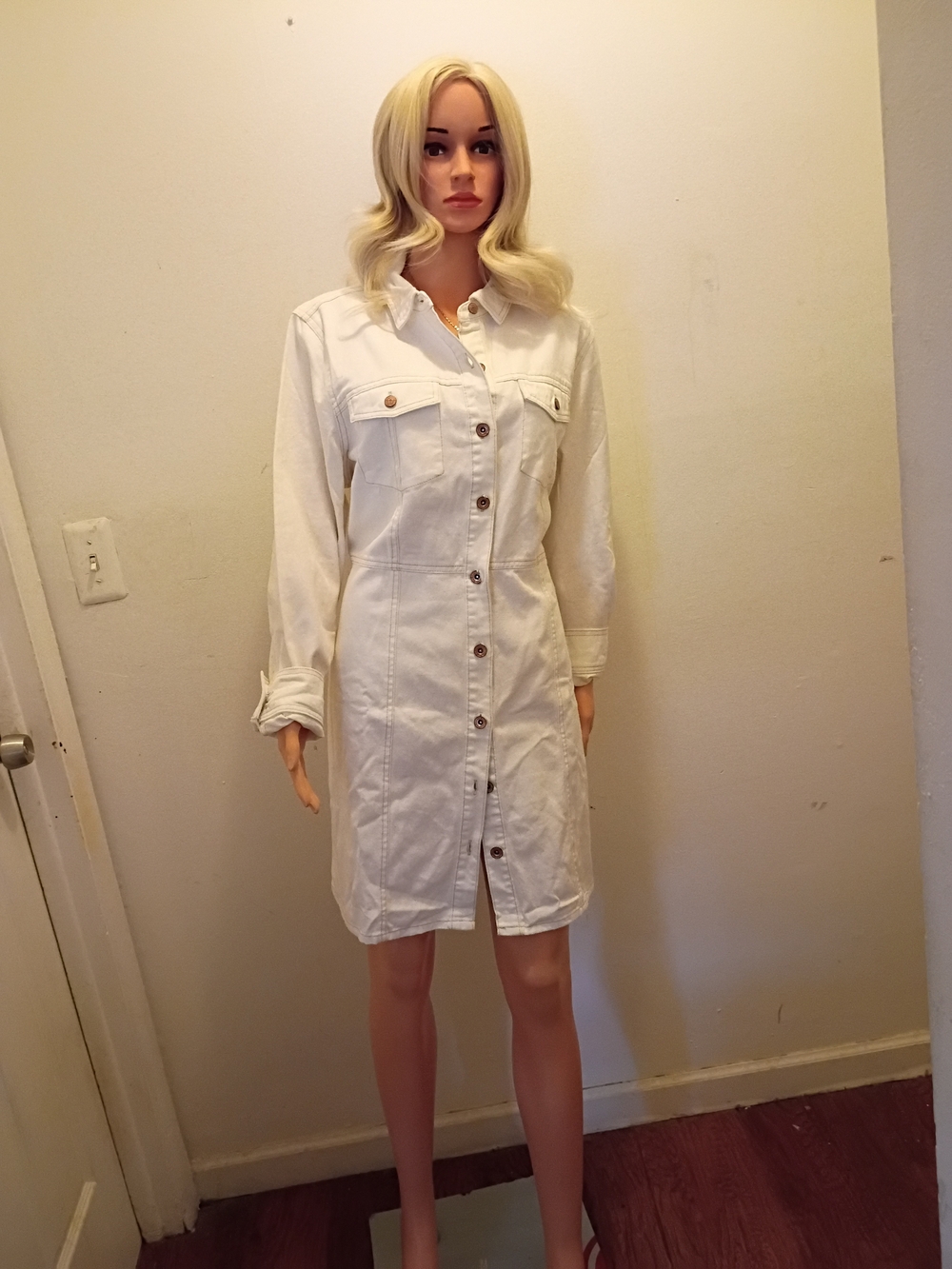 Frye White Long-Sleeve Button Front Shirt Dress